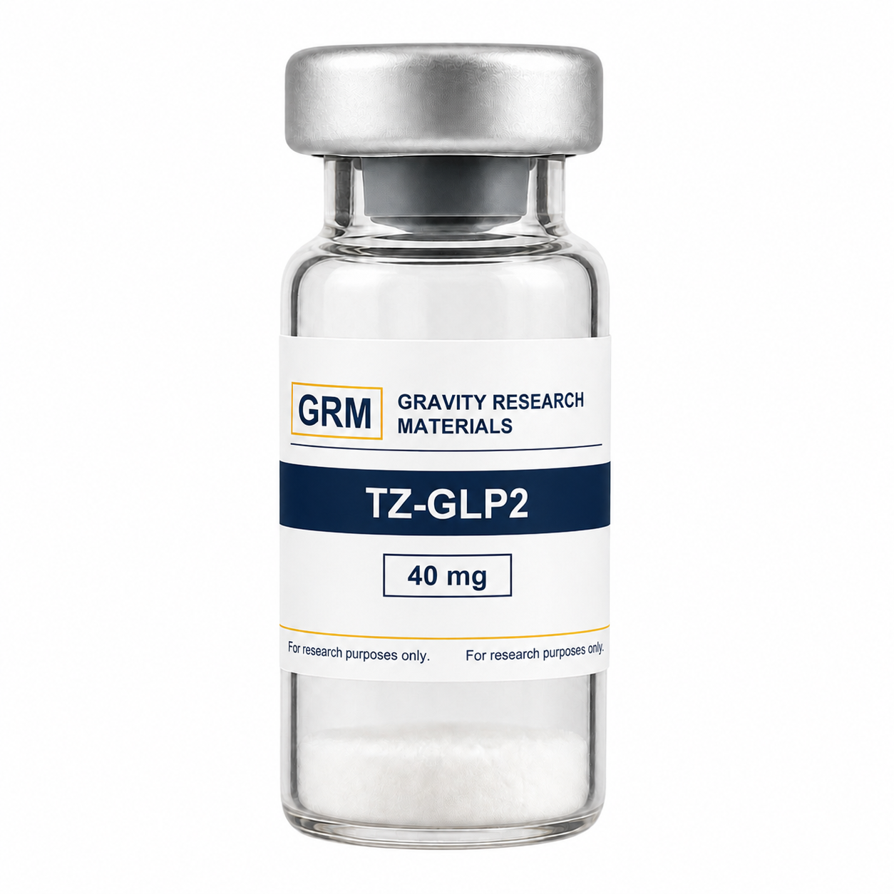 TZ-GLP2 40 mg vial with the revised white, navy and yellow GRM label